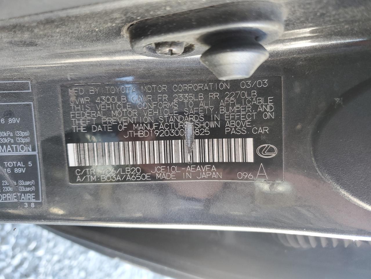 2003 Lexus Is 300 VIN: JTHBD192030075825 Lot: 81836325