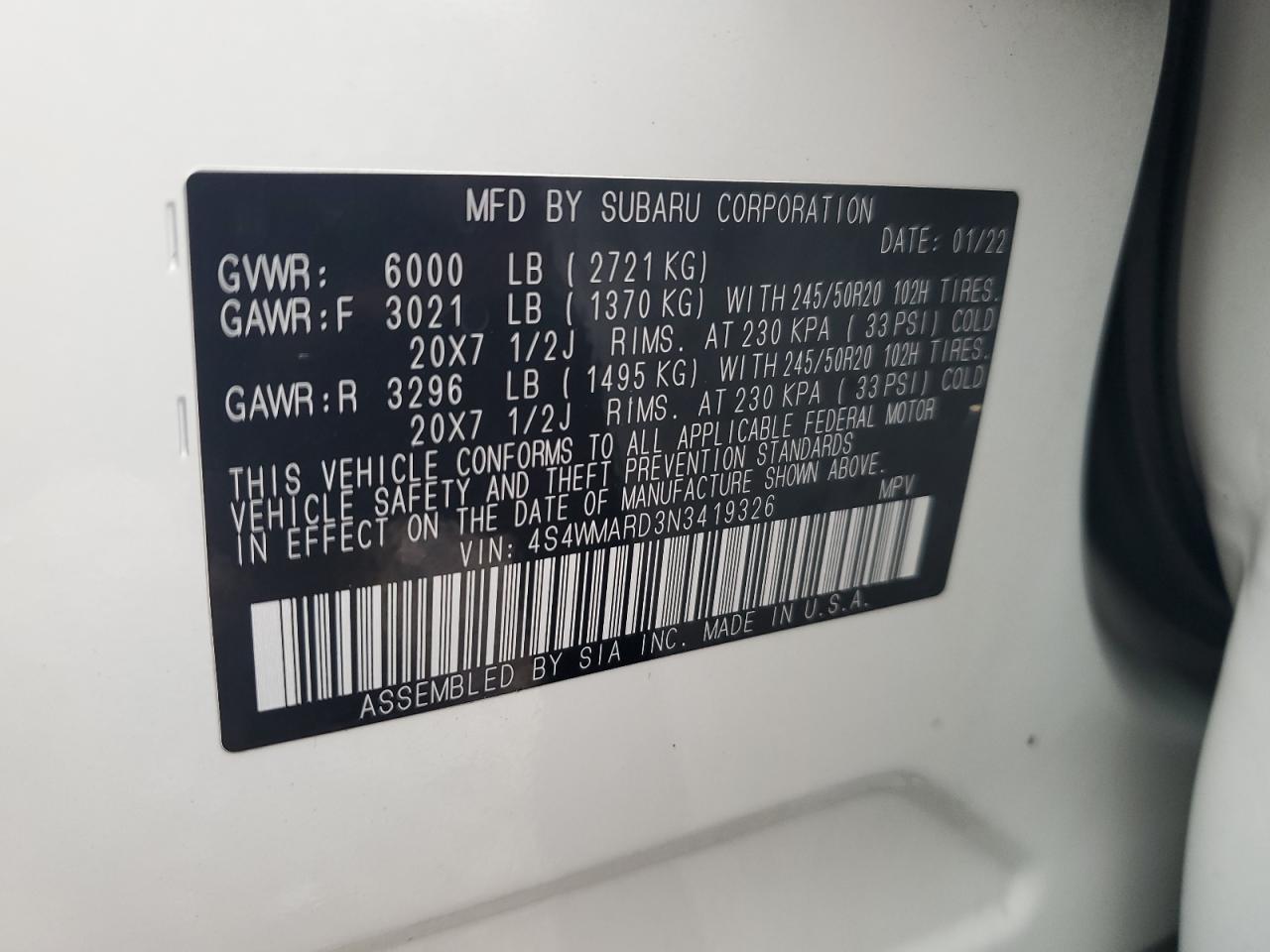 2022 Subaru Ascent Touring VIN: 4S4WMARD3N3419326 Lot: 82075705