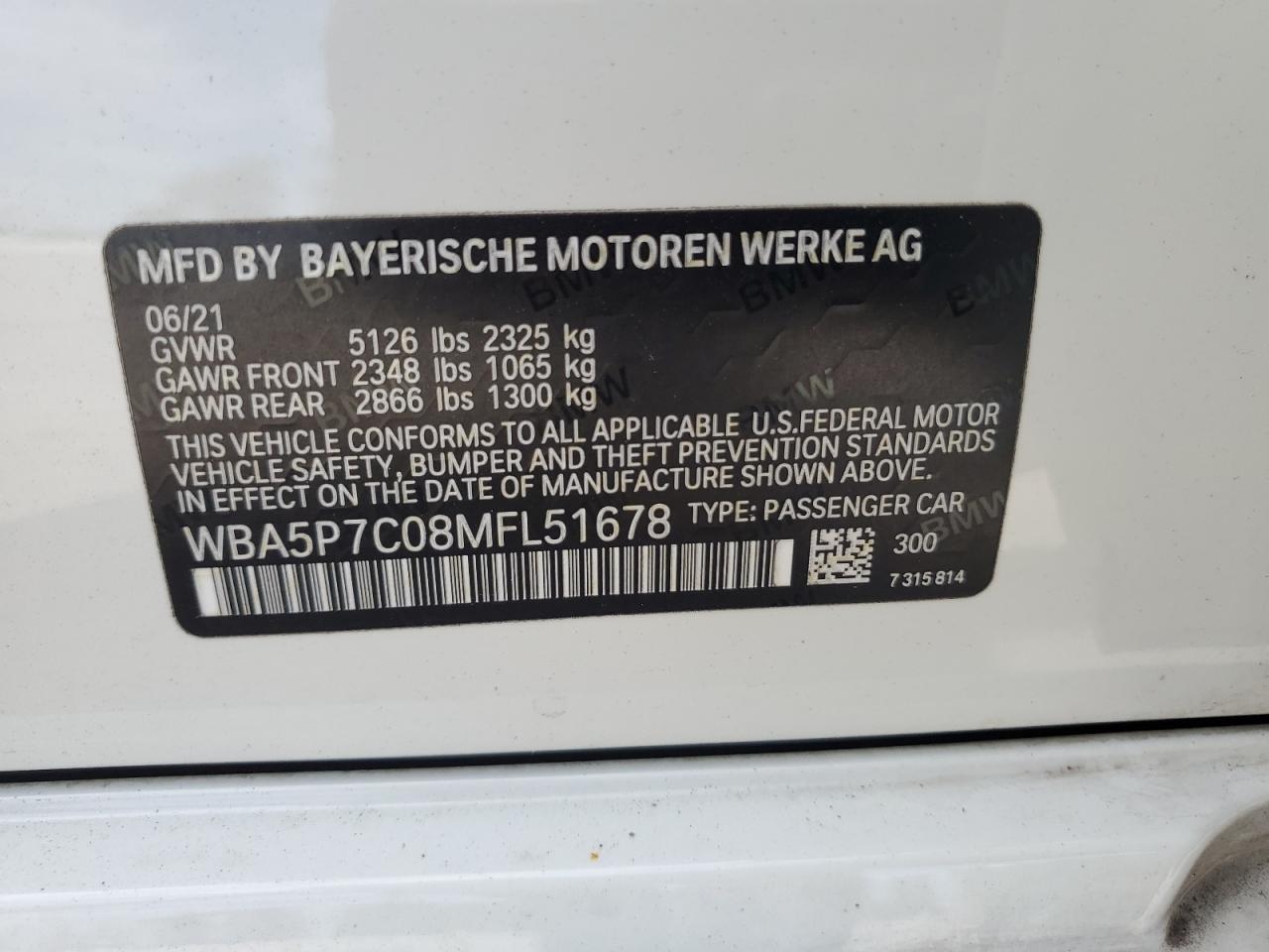 2021 BMW 330E VIN: WBA5P7C08MFL51678 Lot: 80986515