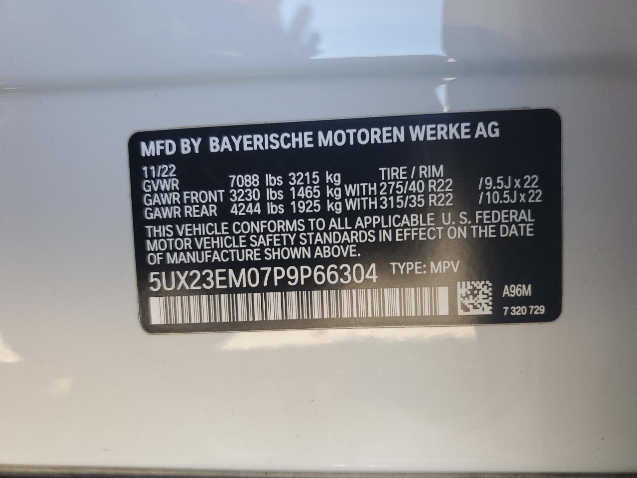 2023 BMW X7 xDrive40I VIN: 5UX23EM07P9P66304 Lot: 71960865