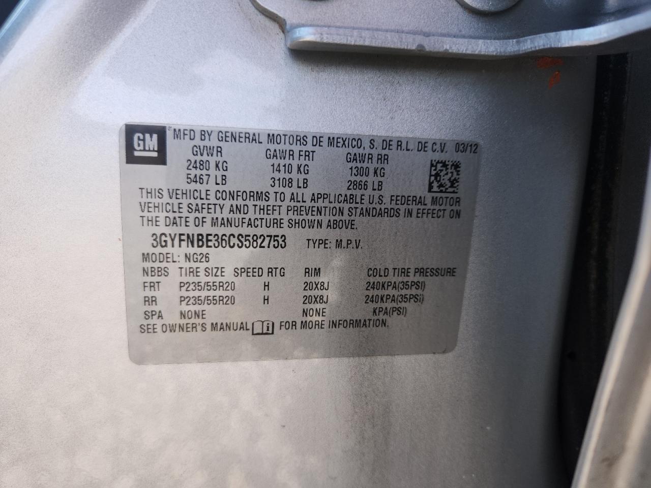 2012 Cadillac Srx Performance Collection VIN: 3GYFNBE36CS582753 Lot: 70907965