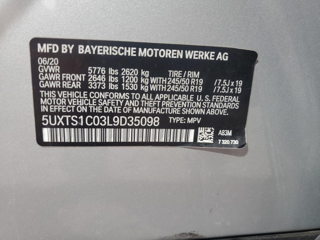 2020 BMW X3 xDrive30E VIN: 5UXTS1C03L9D35098 Lot: 71245965