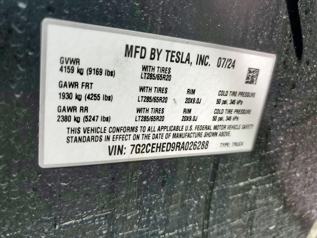 2024 Tesla Cybertruck VIN: 7G2CEHED9RA026288 Lot: 81372705