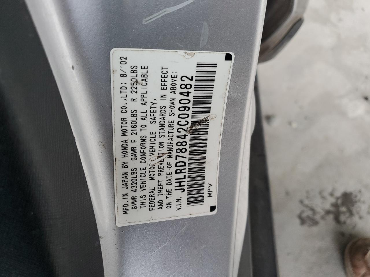 2002 Honda Cr-V Ex VIN: JHLRD78842C090482 Lot: 84036505