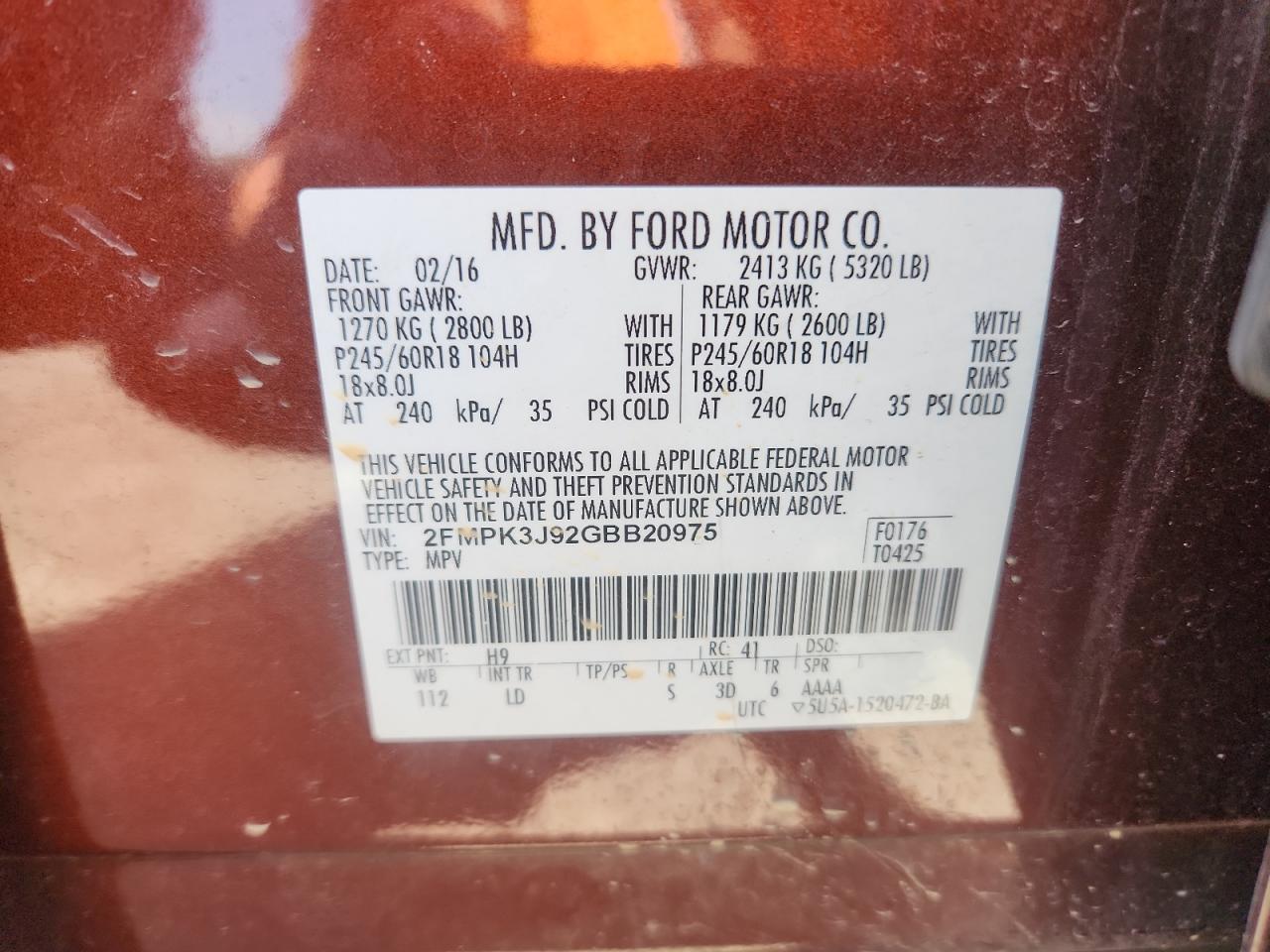 2016 Ford Edge Sel VIN: 2FMPK3J92GBB20975 Lot: 71361525