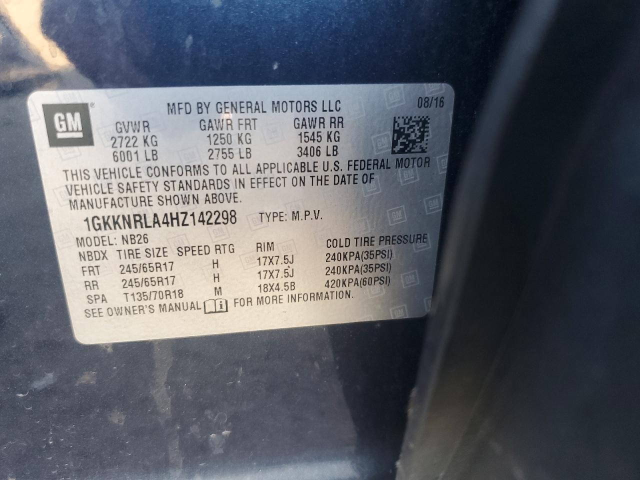 2017 GMC Acadia Sle VIN: 1GKKNRLA4HZ142298 Lot: 81001405