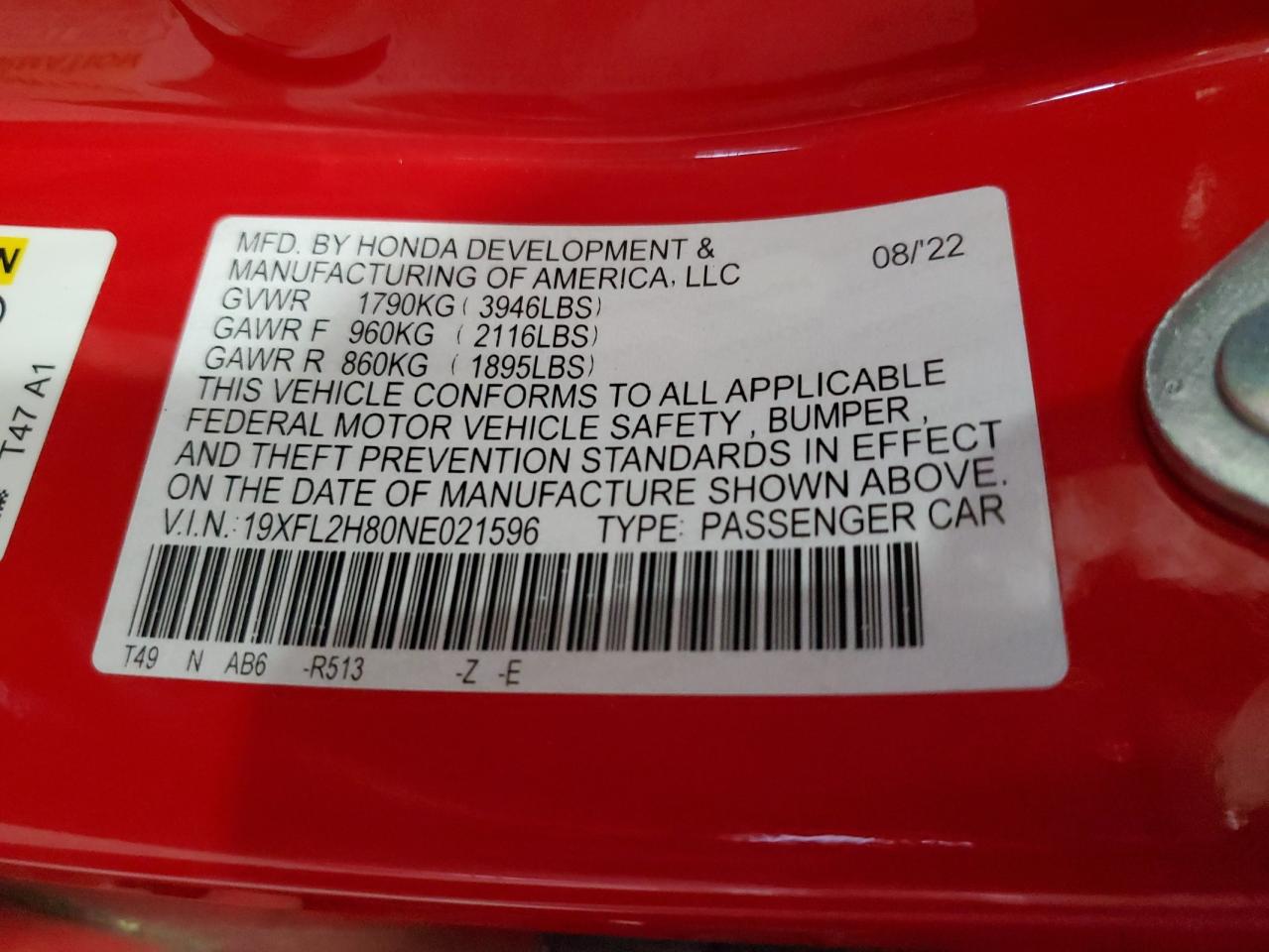 2022 Honda Civic Sport VIN: 19XFL2H80NE021596 Lot: 84473135