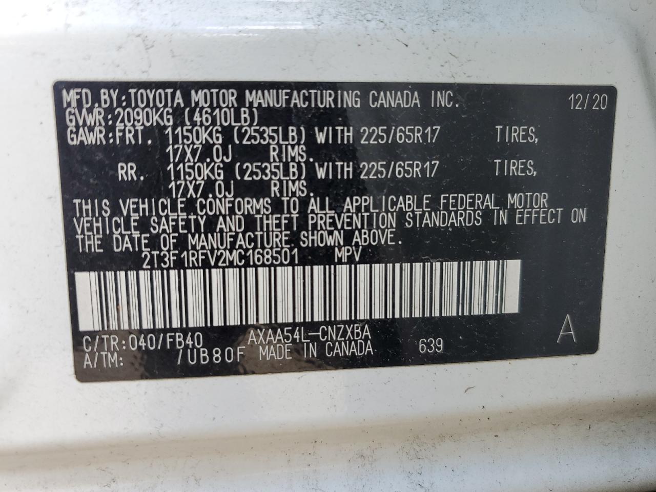 2021 Toyota Rav4 Le VIN: 2T3F1RFV2MC168501 Lot: 70995095