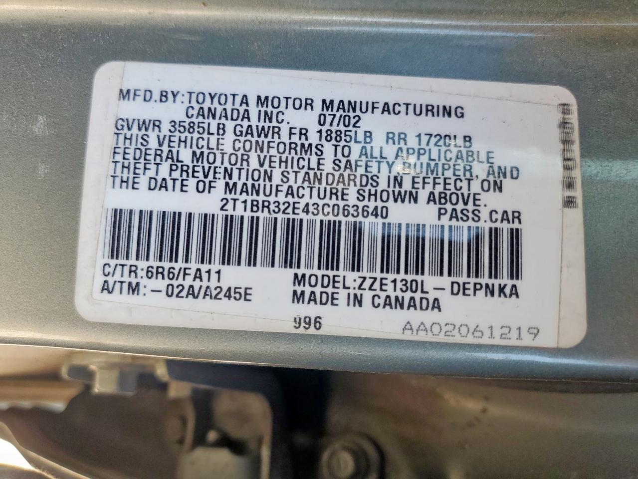 2003 Toyota Corolla Ce VIN: 2T1BR32E43C063640 Lot: 80160645