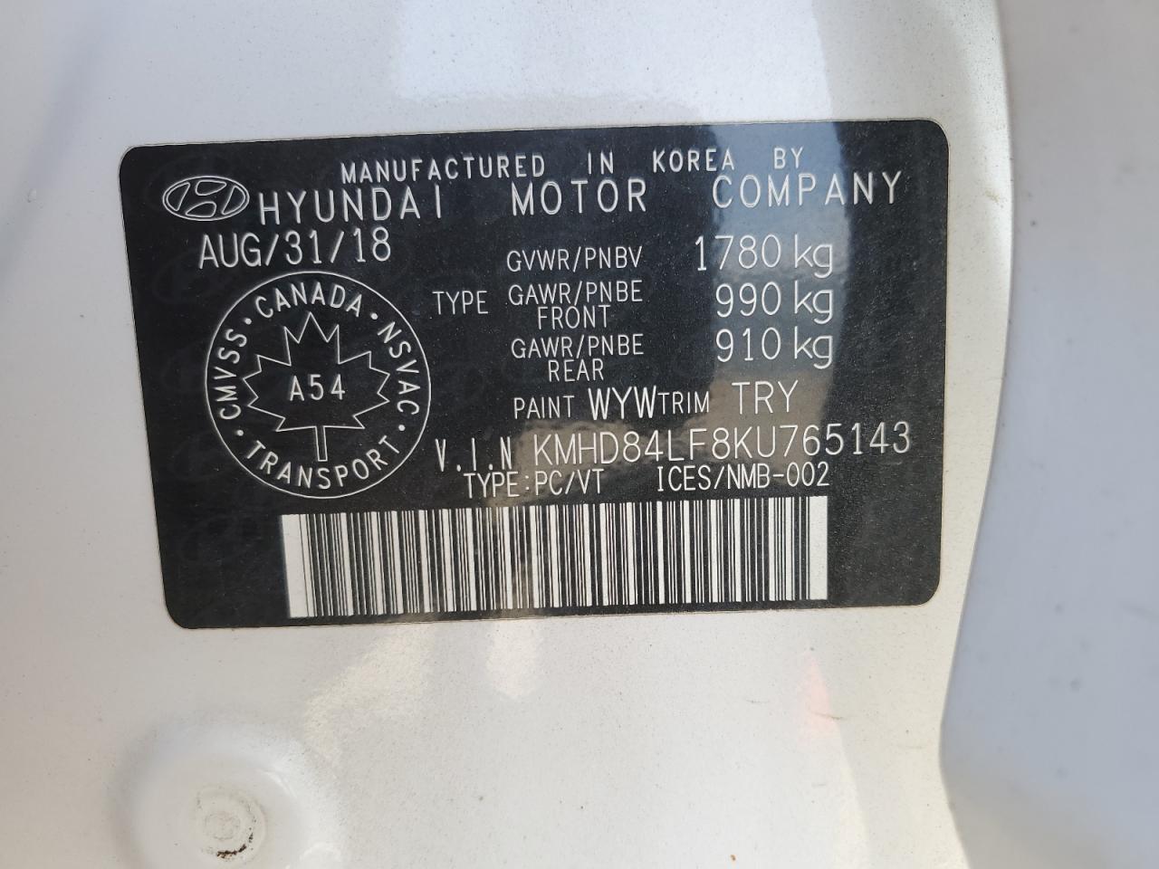 2019 Hyundai Elantra Sel VIN: KMHD84LF8KU765143 Lot: 81108905