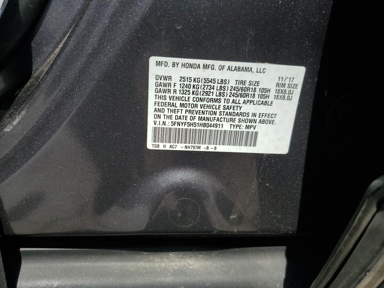 2017 Honda Pilot Exl VIN: 5FNYF5H51HB044911 Lot: 81850275