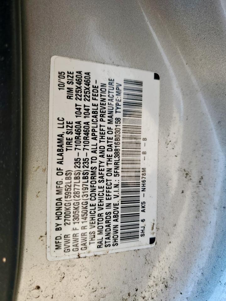 2006 Honda Odyssey Touring VIN: 5FNRL38816B030158 Lot: 71620675