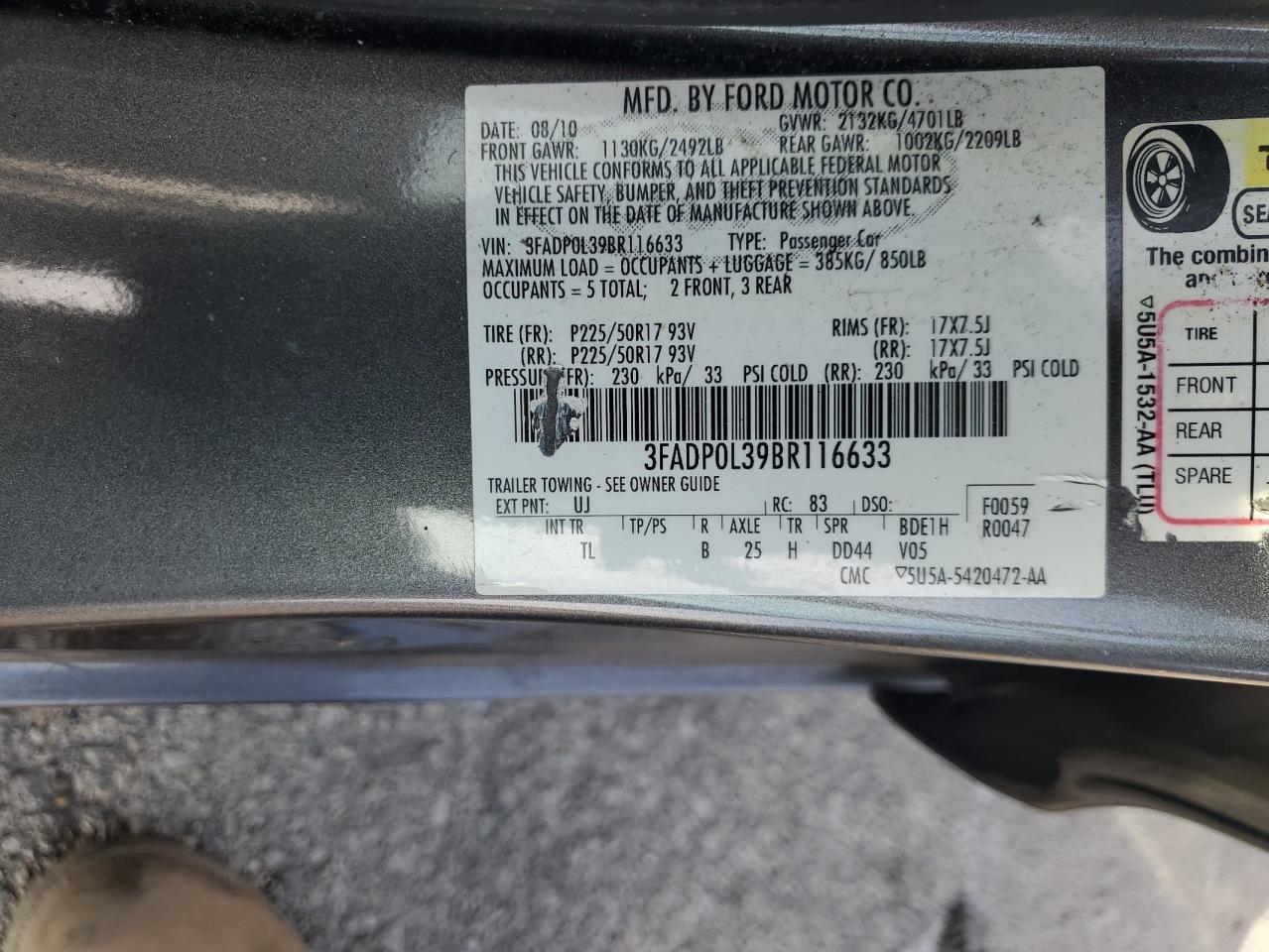 2011 Ford Uk VIN: 3FADP0L39BR116633 Lot: 71964455