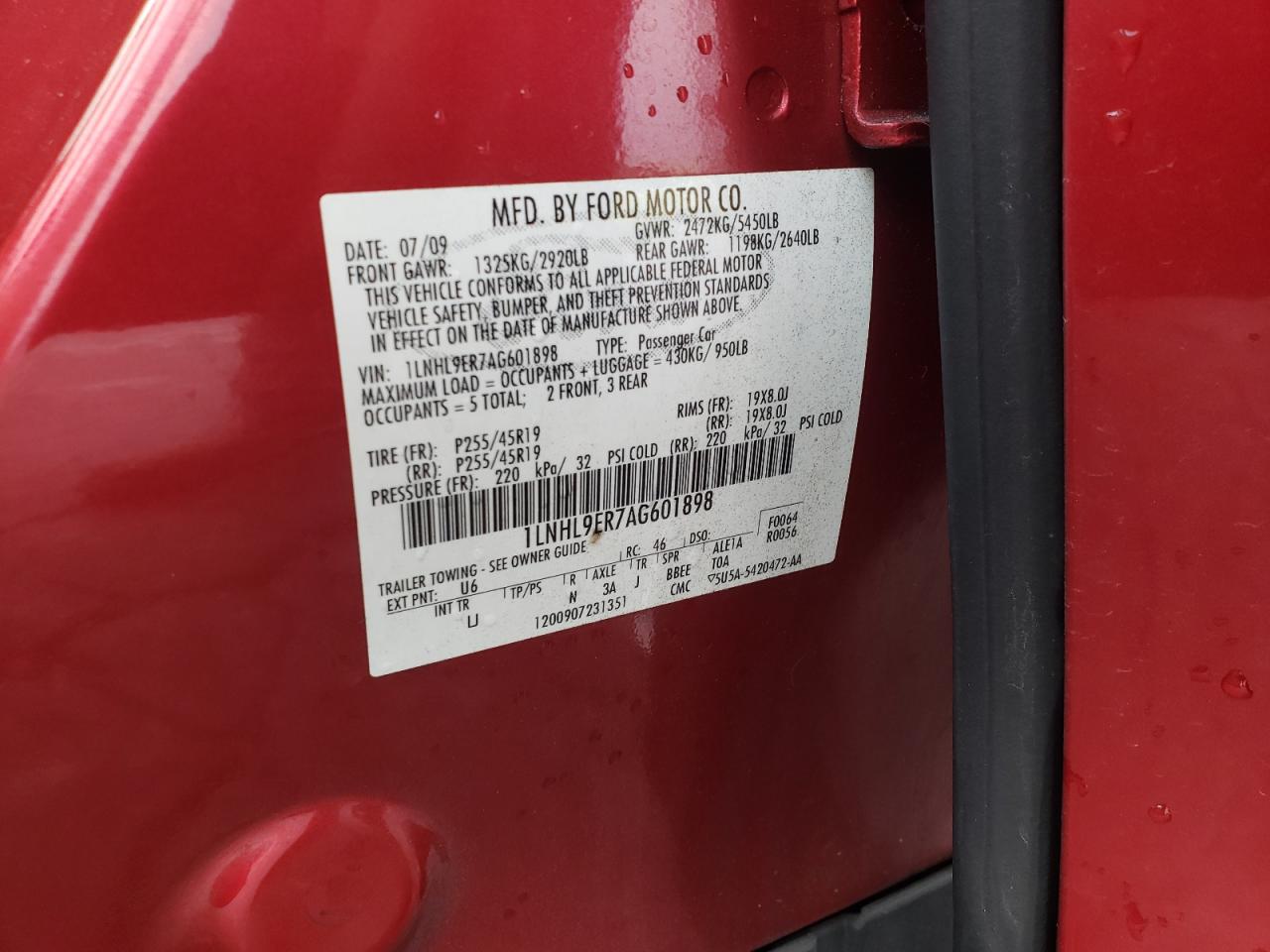 2010 Lincoln Mks VIN: 1LNHL9ER7AG601898 Lot: 81656715