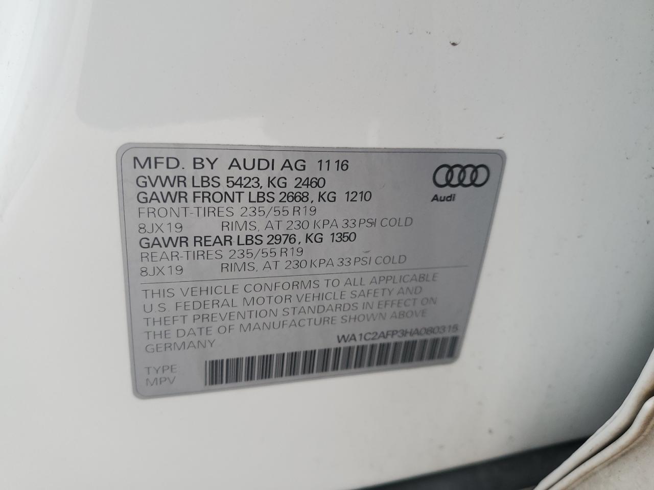 2017 Audi Q5 Premium VIN: WA1C2AFP3HA080315 Lot: 80694835