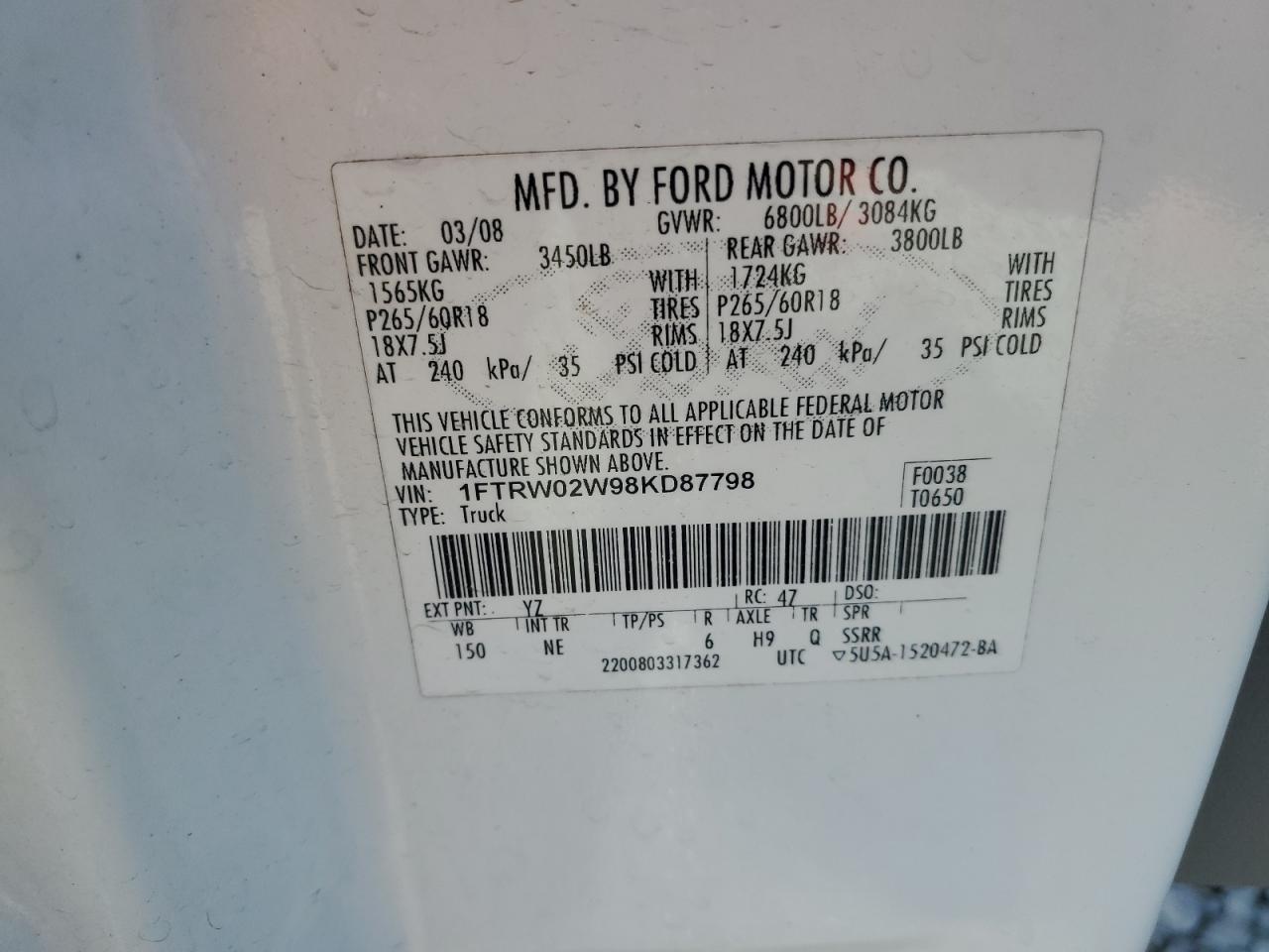 2008 Ford F150 Supercrew VIN: 1FTRW02W98KD87798 Lot: 81946015