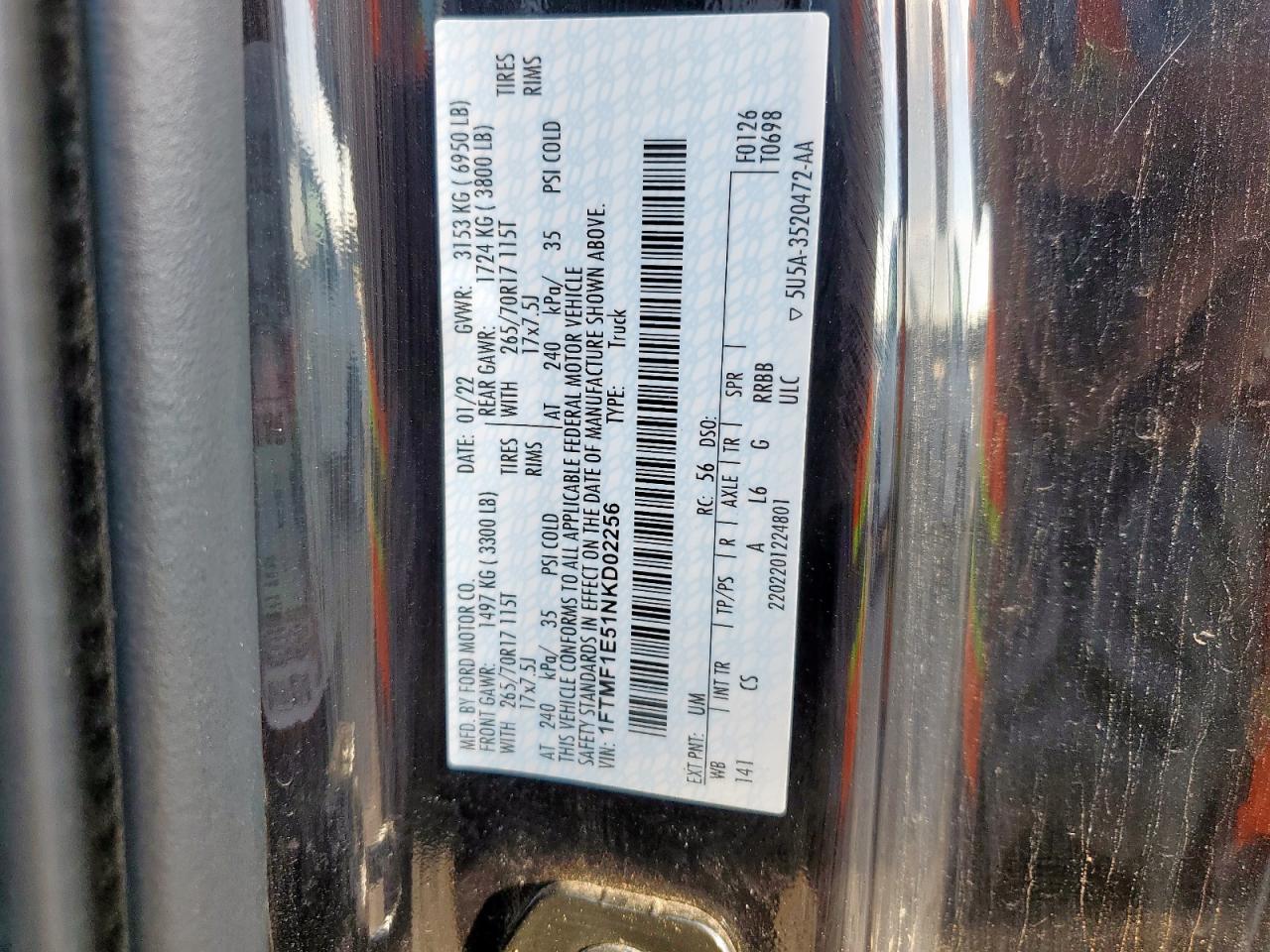 2022 Ford F150 VIN: 1FTMF1E51NKD02256 Lot: 81279835