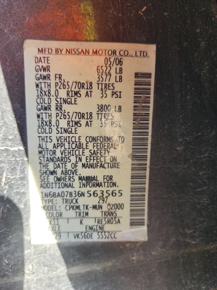2006 Nissan Titan Xe VIN: 1N6BA07B36N563565 Lot: 81585665