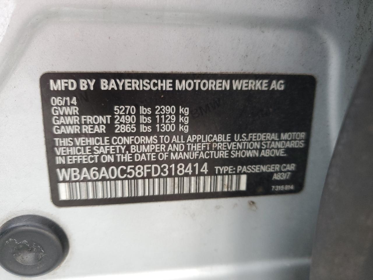 2015 BMW 640 I Gran Coupe VIN: WBA6A0C58FD318414 Lot: 84210805