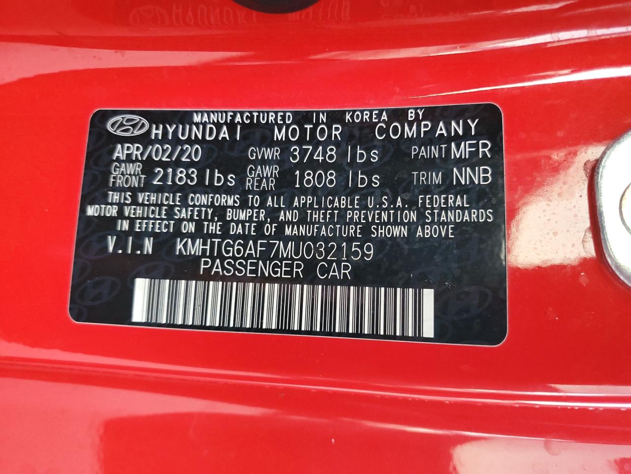 2021 Hyundai Veloster Base VIN: KMHTG6AF7MU032159 Lot: 81649615