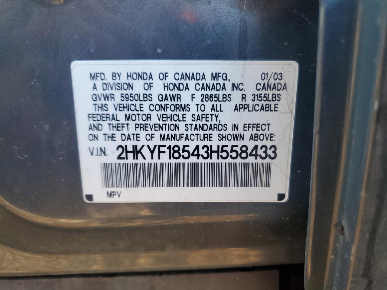 2003 Honda Pilot Exl VIN: 2HKYF18543H558433 Lot: 71102635