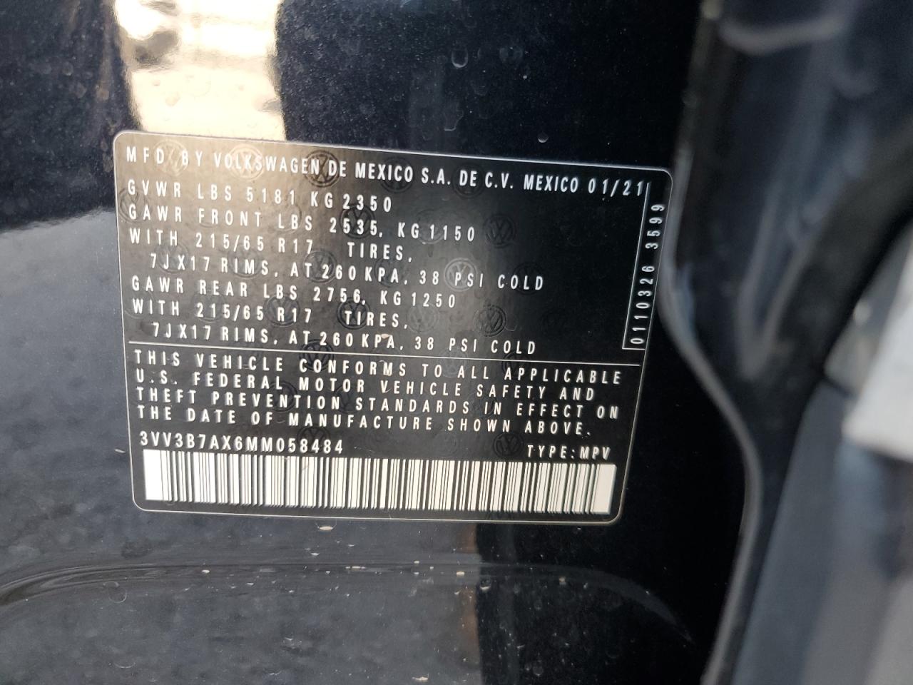 2021 Volkswagen Tiguan Se VIN: 3VV3B7AX6MM058484 Lot: 80495865