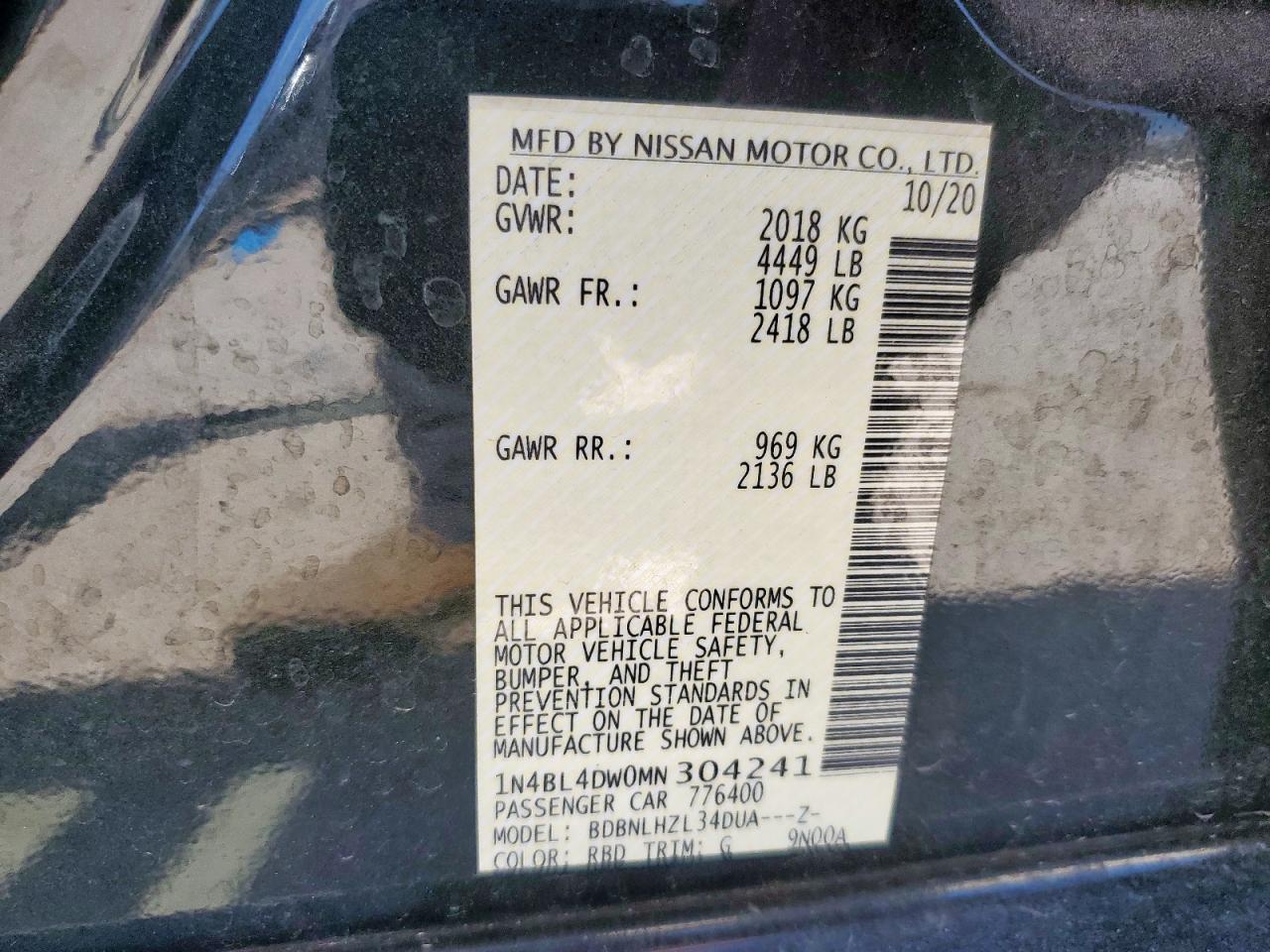 2021 Nissan Altima Sv VIN: 1N4BL4DW0MN304241 Lot: 84735465