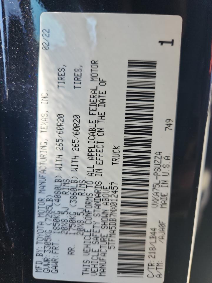 2022 Toyota Tundra Crewmax Platinum VIN: 5TFMA5DB7NX012457 Lot: 70573945