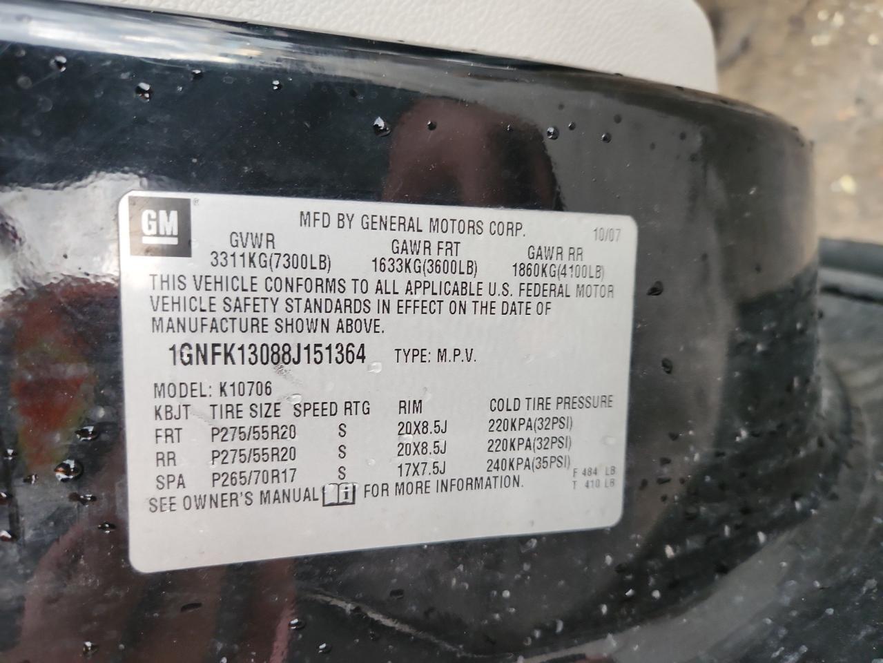 2008 Chevrolet Tahoe K1500 VIN: 1GNFK13088J151364 Lot: 84759415