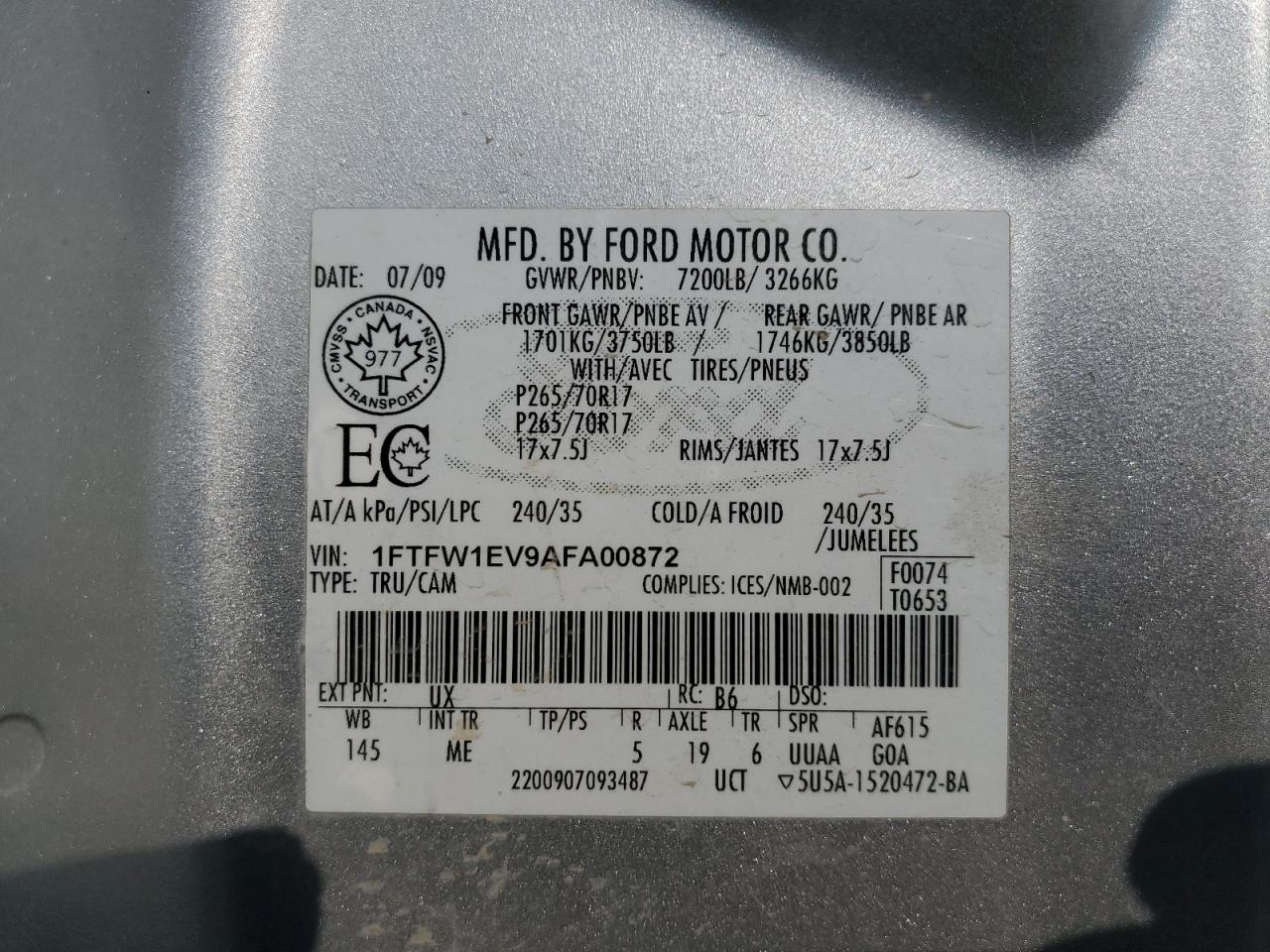 2010 Ford F150 Supercrew VIN: 1FTFW1EV9AFA00872 Lot: 71113595