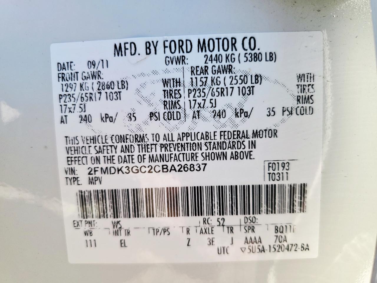 2012 Ford Edge Se VIN: 2FMDK3GC2CBA26837 Lot: 71043785