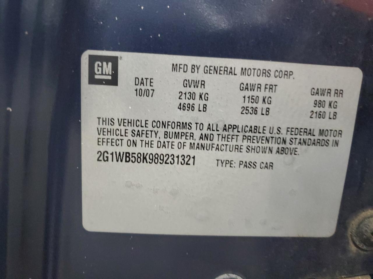 2008 Chevrolet Impala Ls VIN: 2G1WB58K989231321 Lot: 84057465