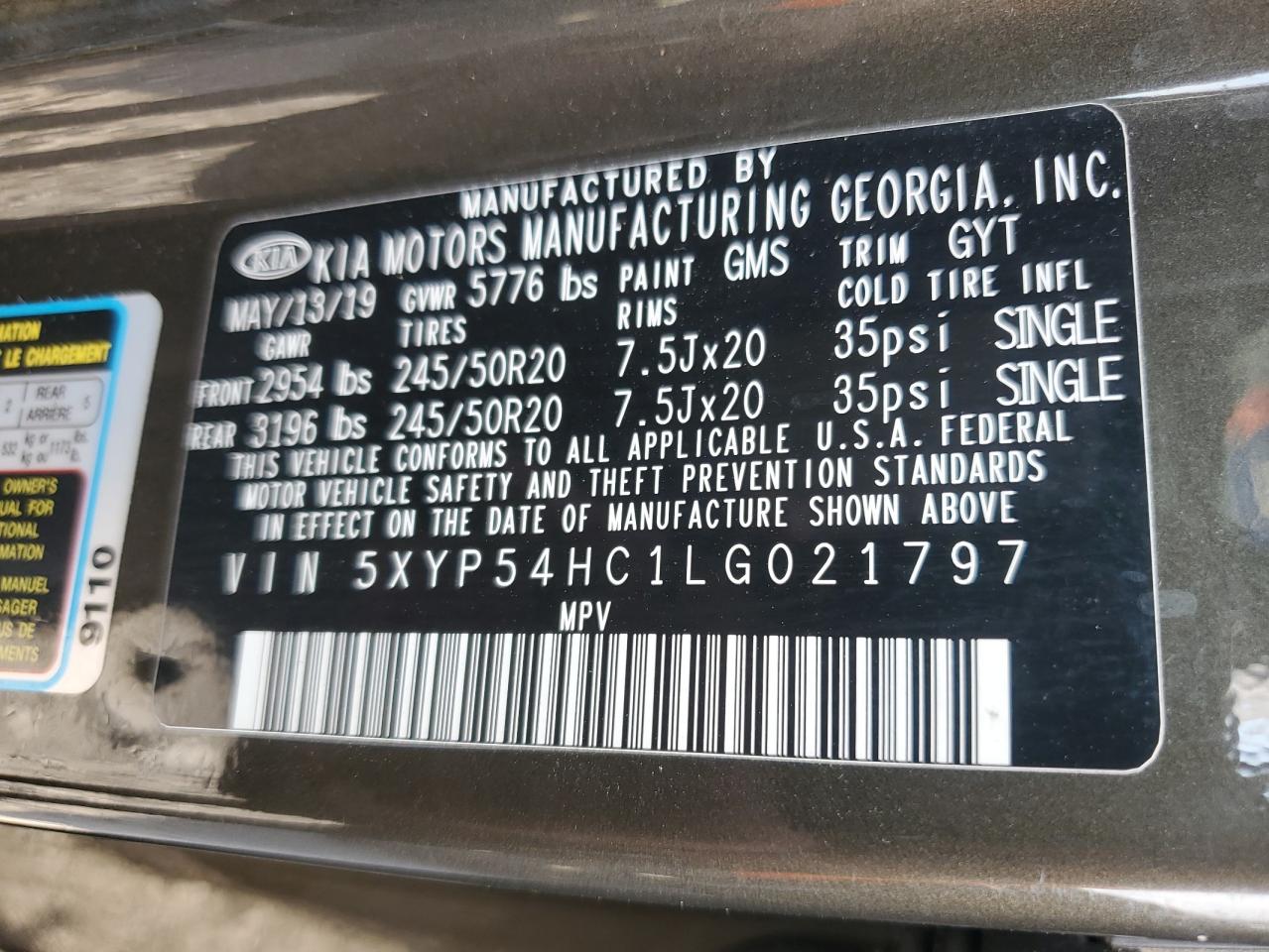 2020 Kia Telluride Sx VIN: 5XYP54HC1LG021797 Lot: 71505115