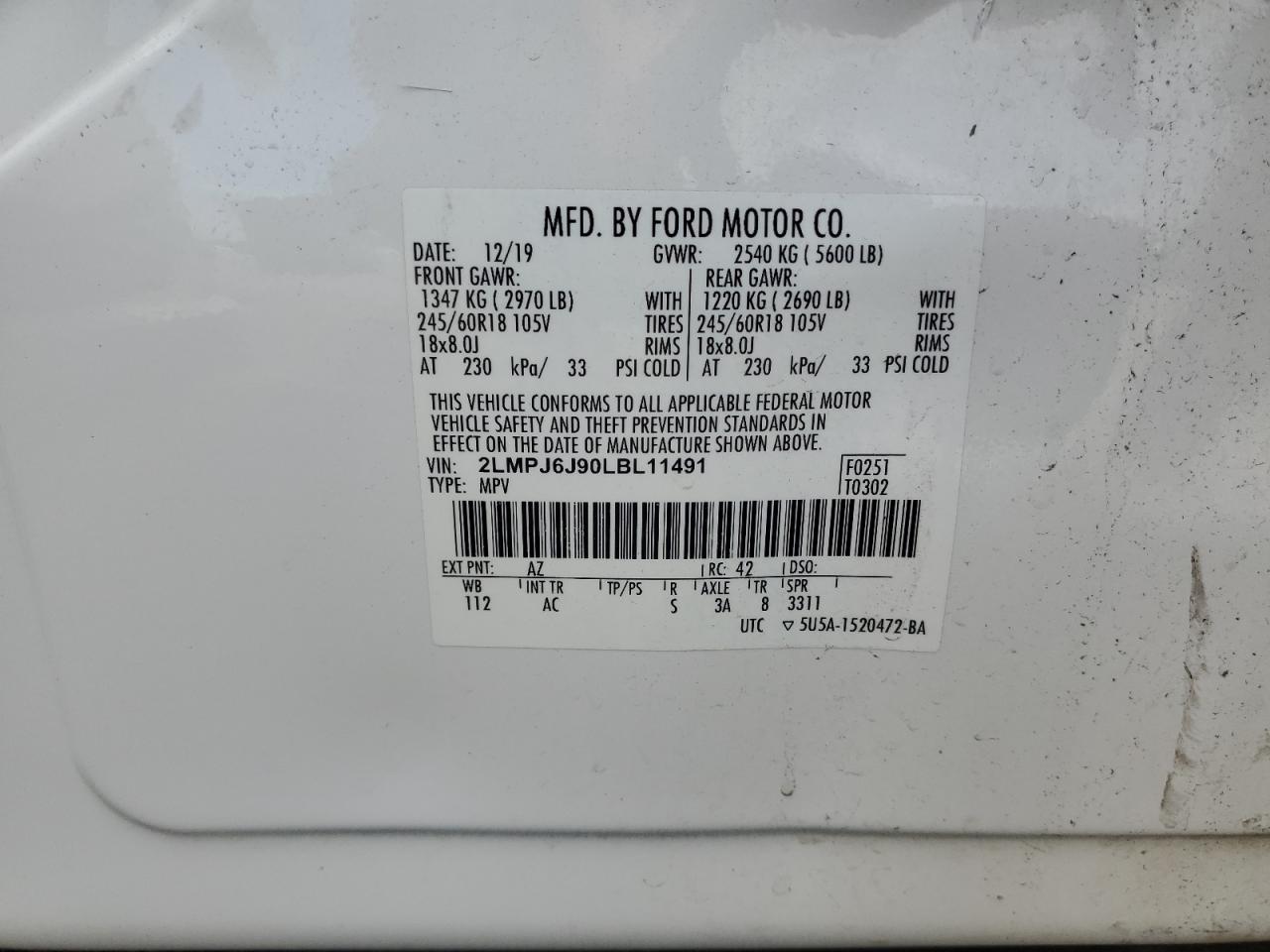 2020 Lincoln Nautilus VIN: 2LMPJ6J90LBL11491 Lot: 80708865