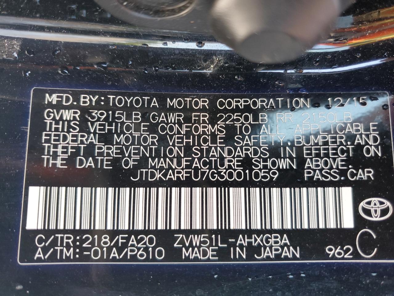 2016 Toyota Prius VIN: JTDKARFU7G3001059 Lot: 80062125