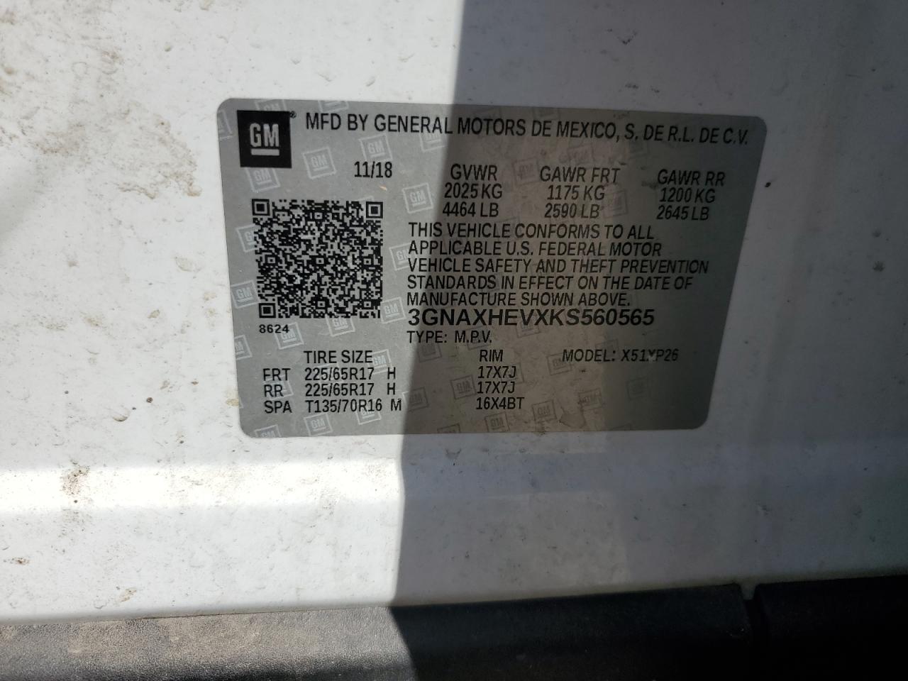 2019 Chevrolet Equinox Ls VIN: 3GNAXHEVXKS560565 Lot: 71777105