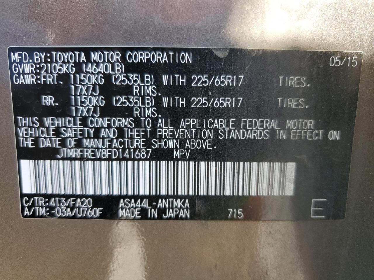 2015 Toyota Rav4 Xle VIN: JTMRFREV8FD141687 Lot: 81857375