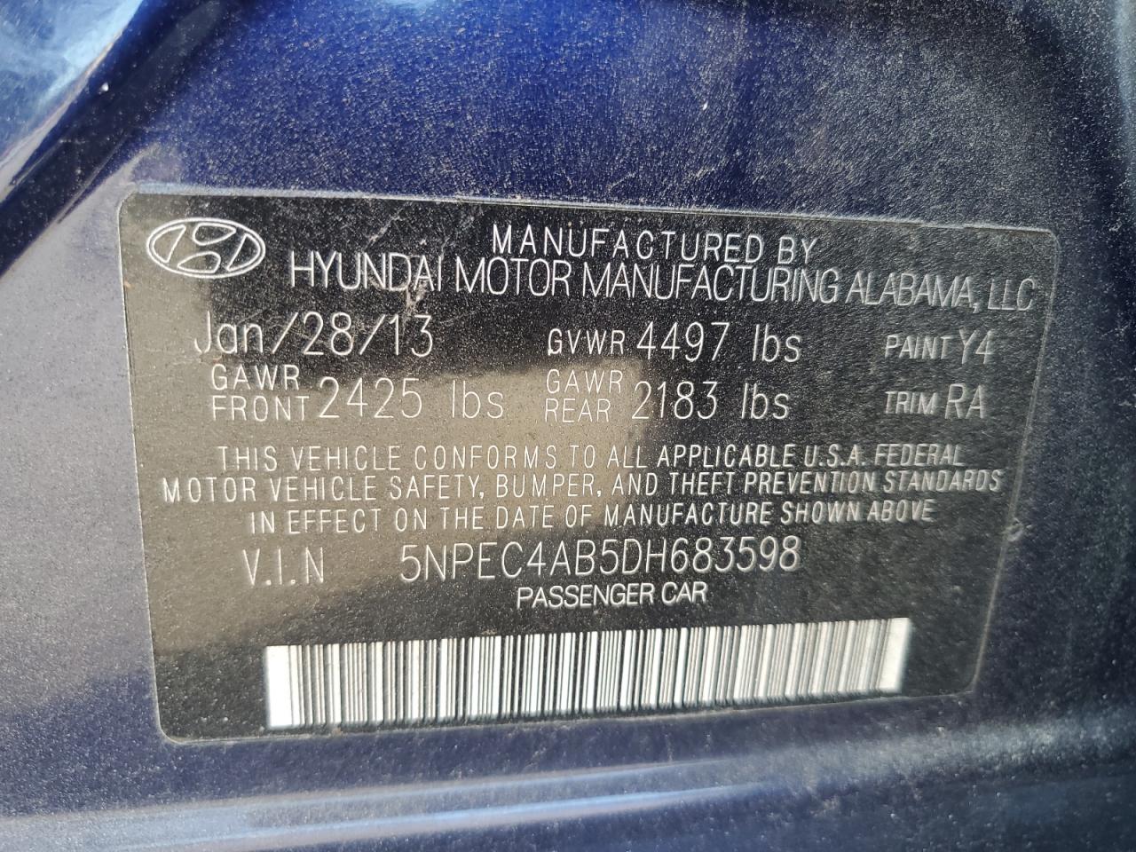 2013 Hyundai Sonata Se VIN: 5NPEC4AB5DH683598 Lot: 80412835