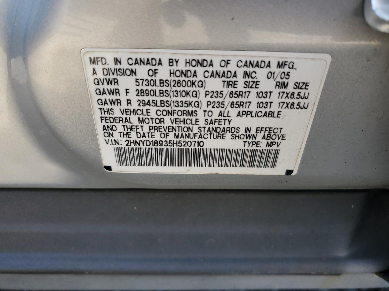 2005 Acura Mdx Touring VIN: 2HNYD18935H520710 Lot: 80108075