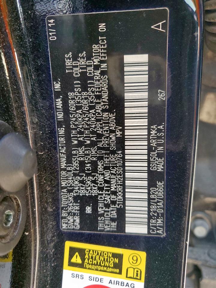 2014 Toyota Highlander Xle VIN: 5TDKKRFH2ES010764 Lot: 81249435