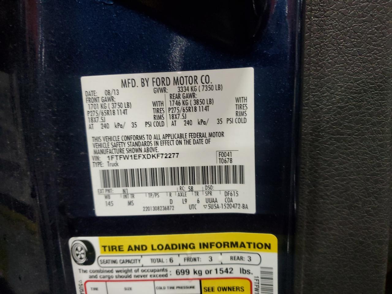 2013 Ford F150 Supercrew VIN: 1FTFW1EFXDKF72277 Lot: 84707155