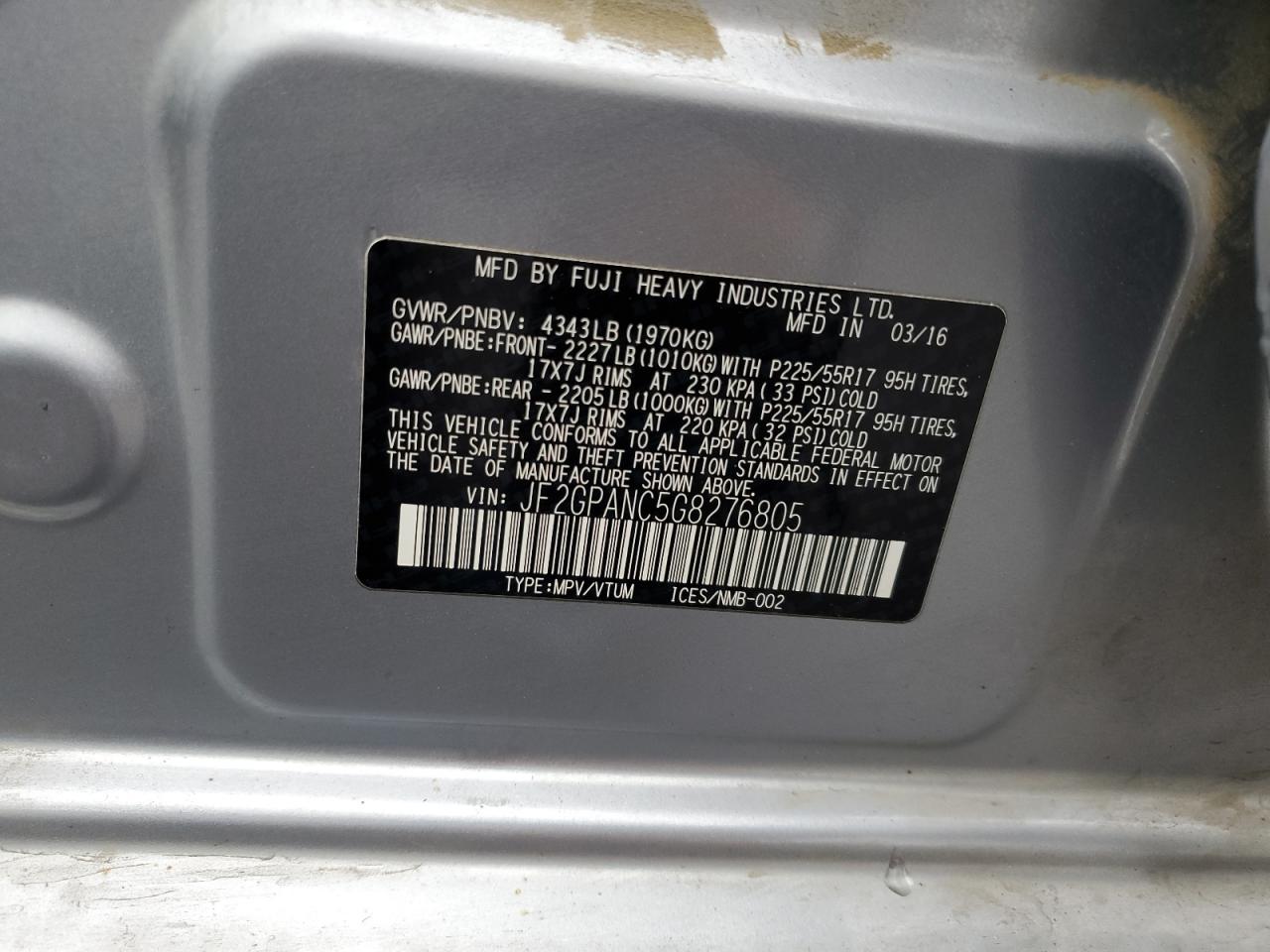 2016 Subaru Crosstrek Limited VIN: JF2GPANC5G8276805 Lot: 81625925