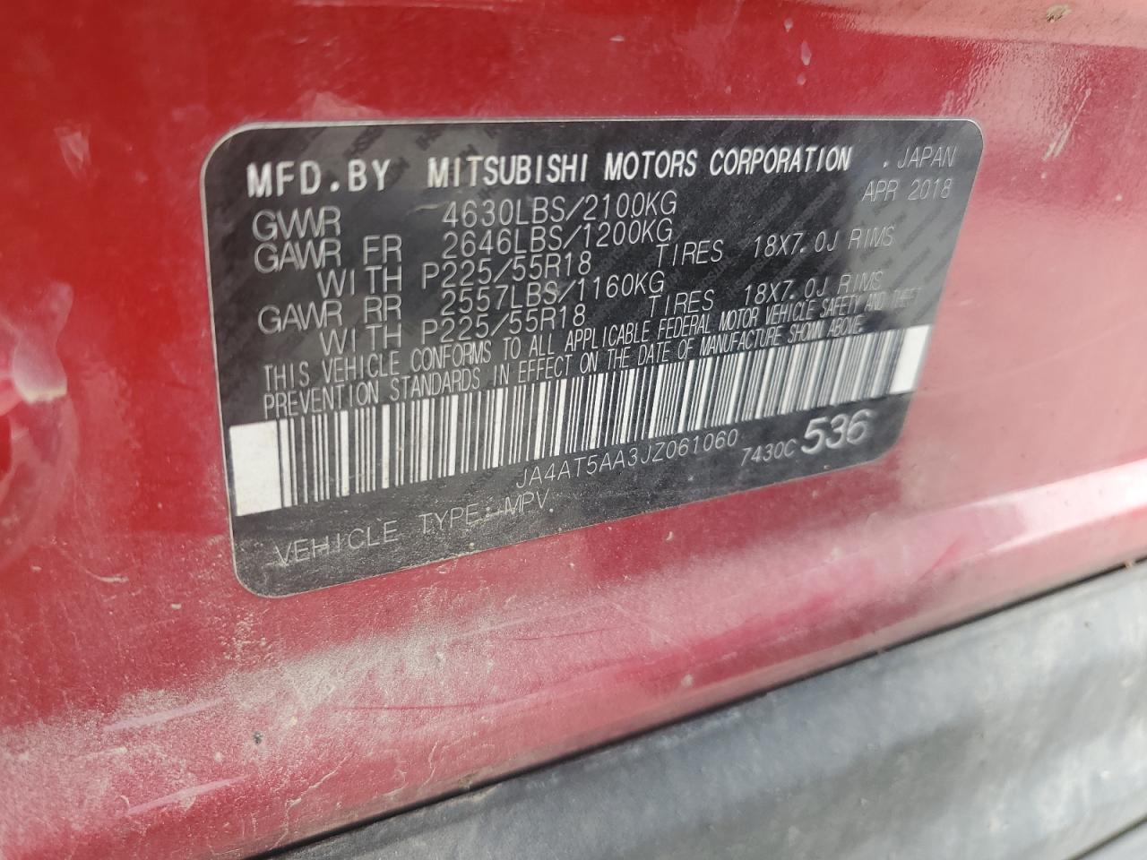 2018 Mitsubishi Eclipse Cross Se VIN: JA4AT5AA3JZ061060 Lot: 72022425