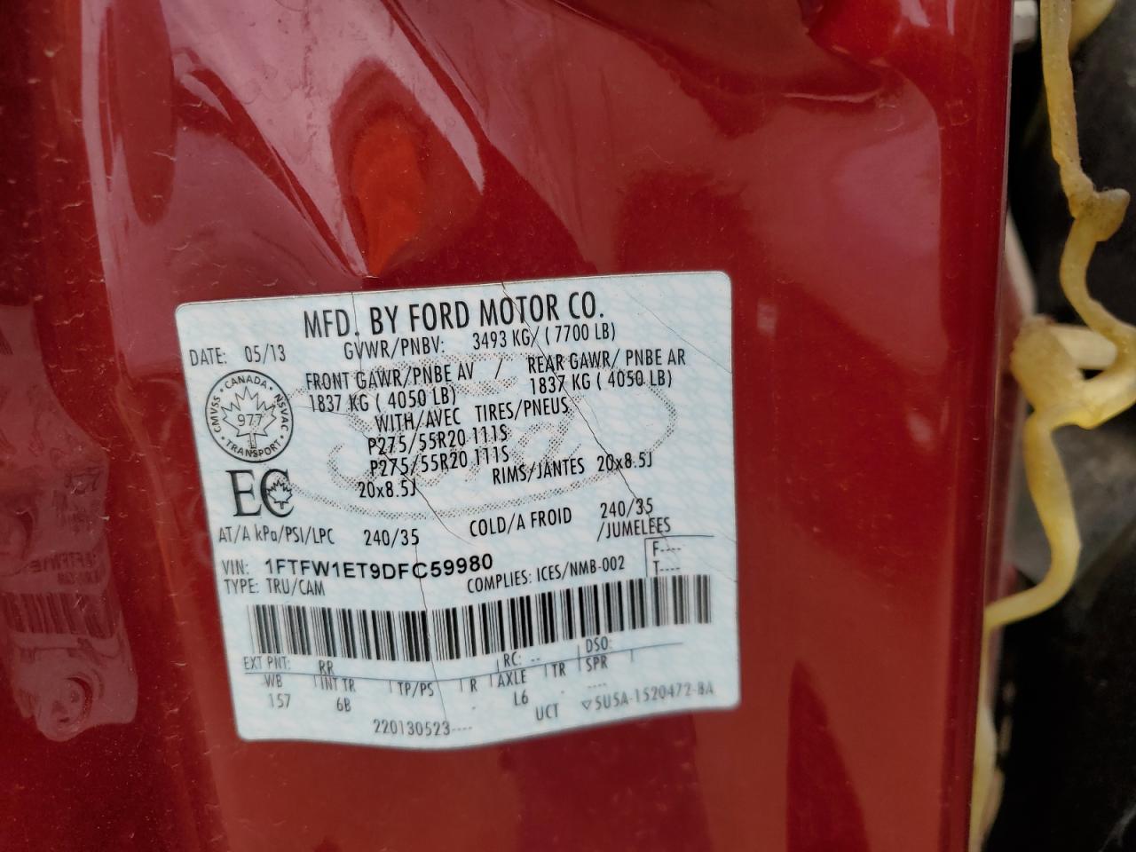 2013 Ford F150 Supercrew VIN: 1FTFW1ET9DFC59980 Lot: 71701915