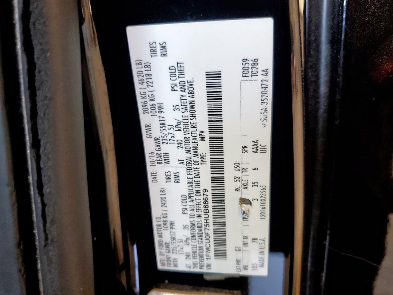 2017 Ford Escape S VIN: 1FMCU0F75HUB88679 Lot: 80115385