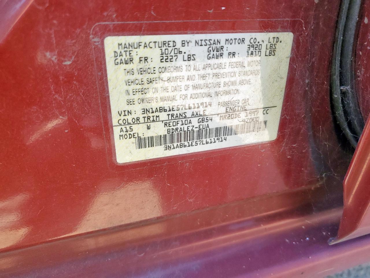 2007 Nissan Sentra 2.0 VIN: 3N1AB61E57L611914 Lot: 80565195