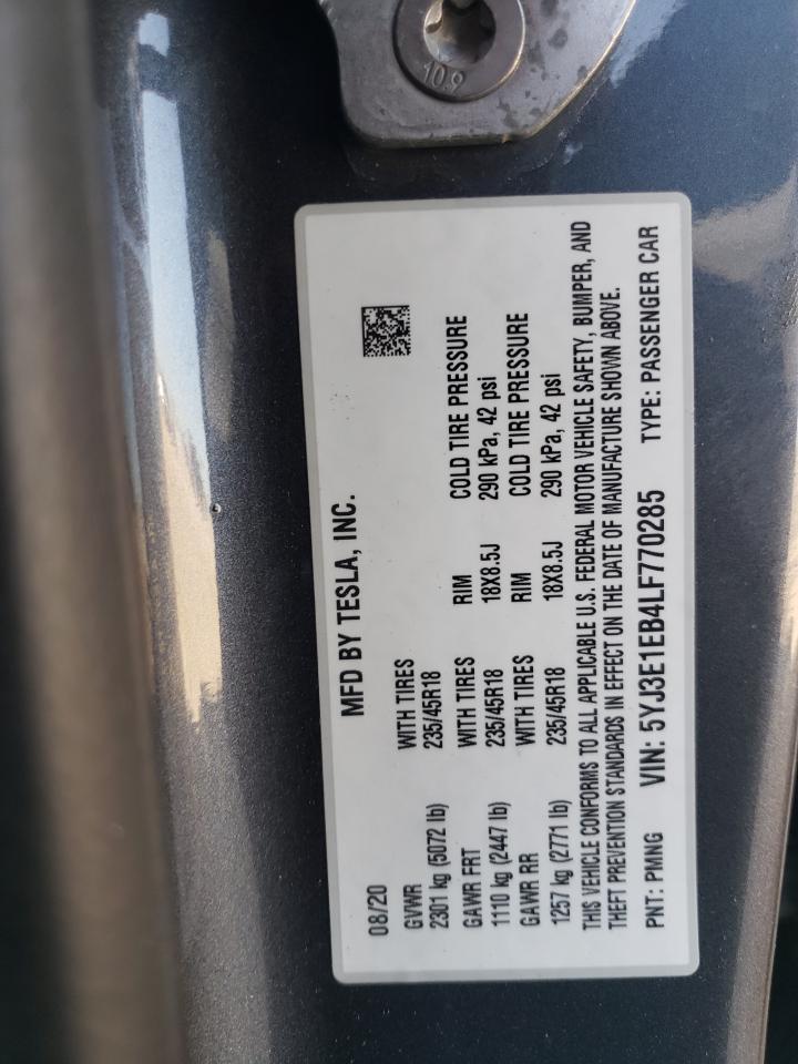 2020 Tesla Model 3 VIN: 5YJ3E1EB4LF770285 Lot: 81882125
