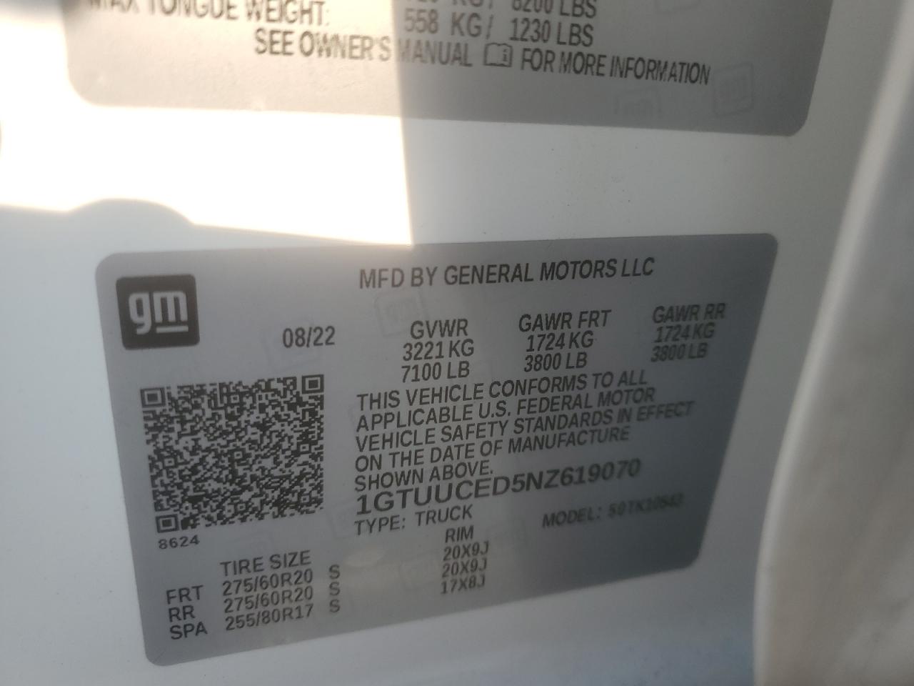 2022 GMC Sierra K1500 Elevation VIN: 1GTUUCED5NZ619070 Lot: 71523465