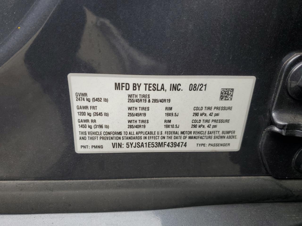 2021 Tesla Model S VIN: 5YJSA1E53MF439474 Lot: 80058985