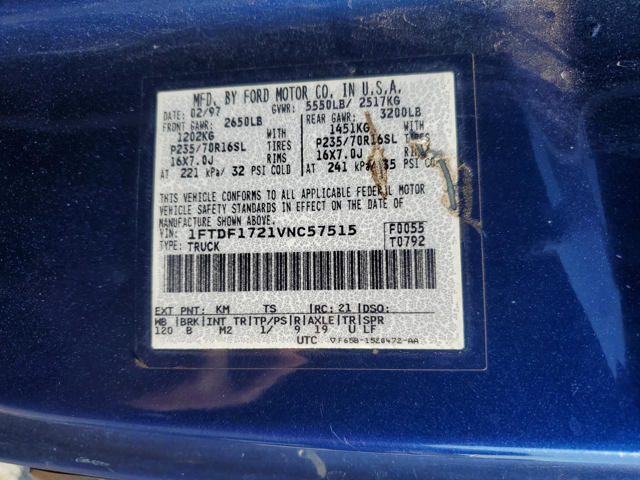 1997 Ford F150 VIN: 1FTDF1721VNT57515 Lot: 81427855